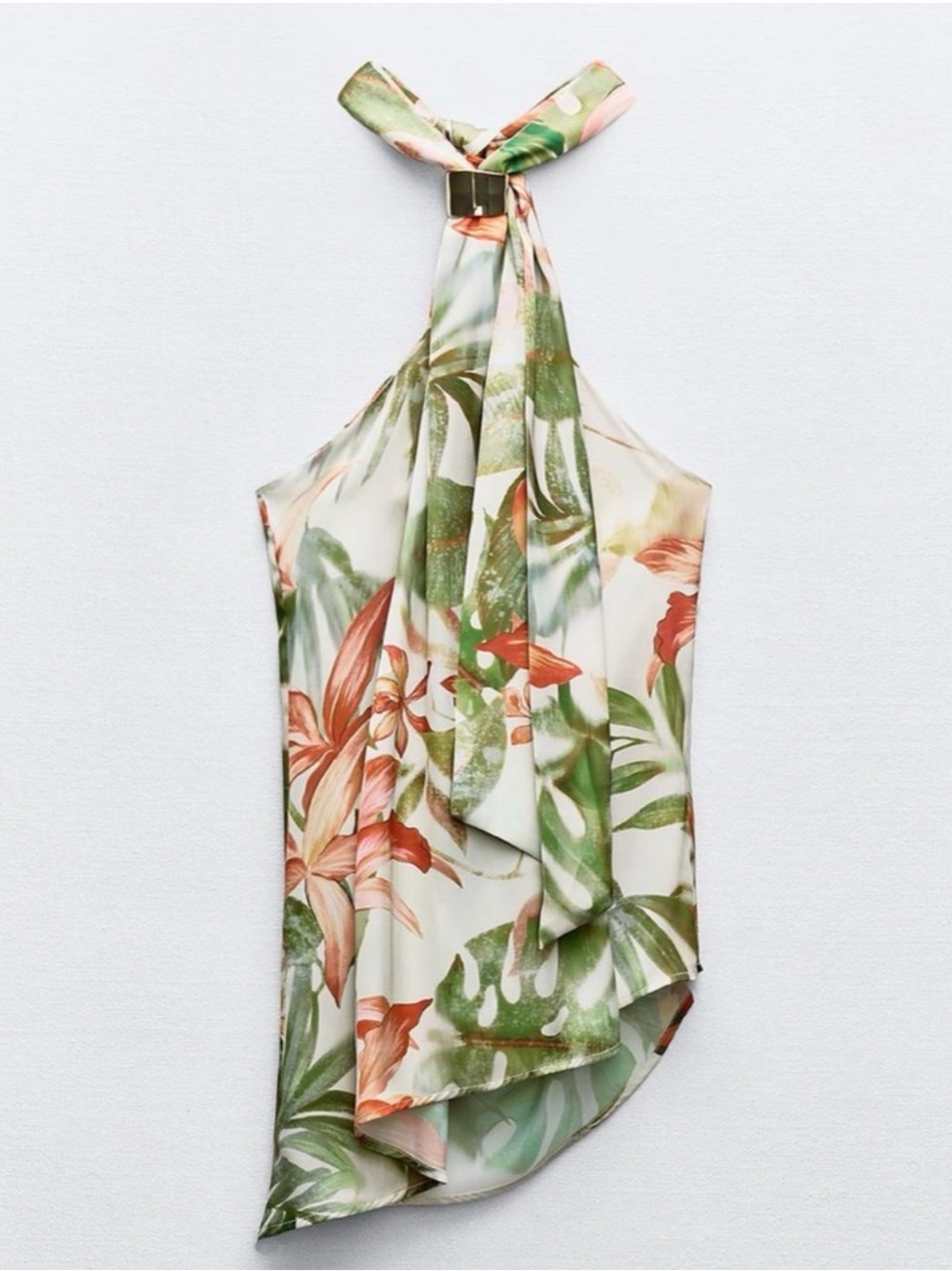 ZARA Satin Floral Slip Top in Cream, Green & Gold Hardware